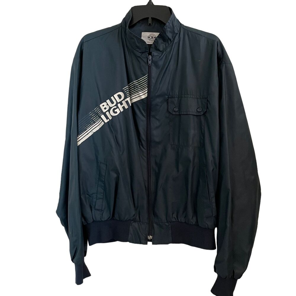 VTG Offical Bud Light Men XL Jacket Navy Blue Nylon Graphic Windbreaker Made USA